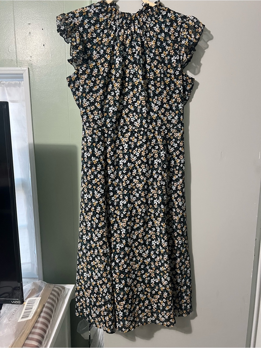Nina Leonard Black Floral Ruffle-Neck Midi Dress